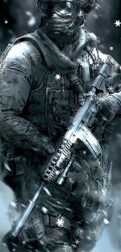 Tactical soldier in winter gear with a snow effect on mobile wallpaper.