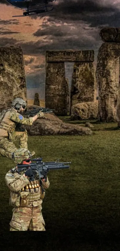 Tactical soldiers in front of Stonehenge with dramatic sky.