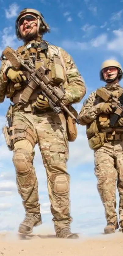 Two tactical soldiers walking in desert under blue sky.