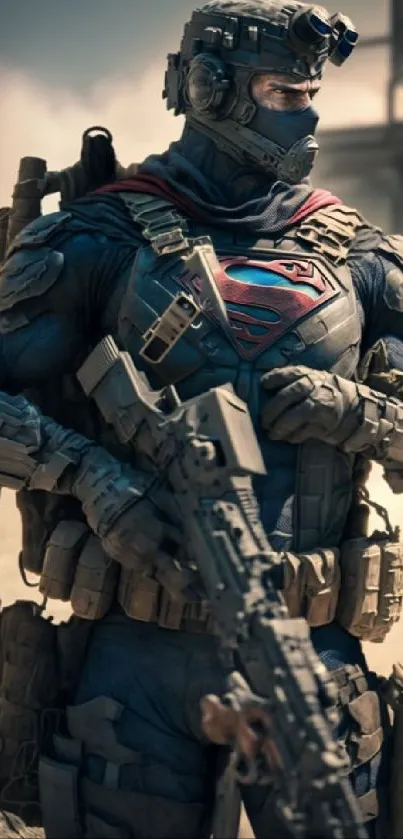 Superhero in tactical gear, holding weapon.