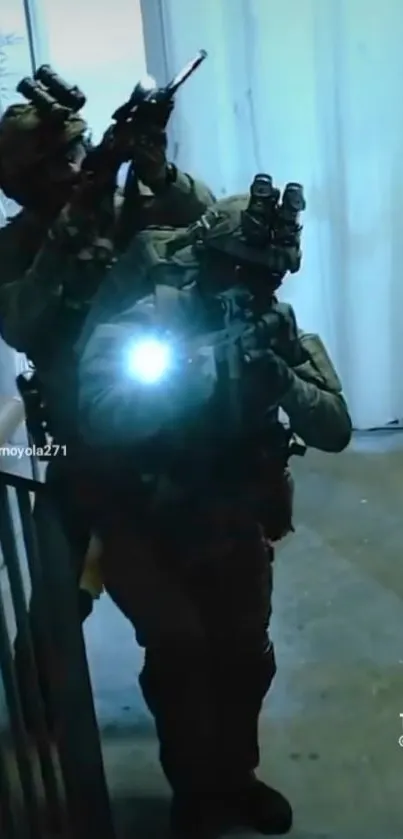 Tactical team in action with night vision gear.