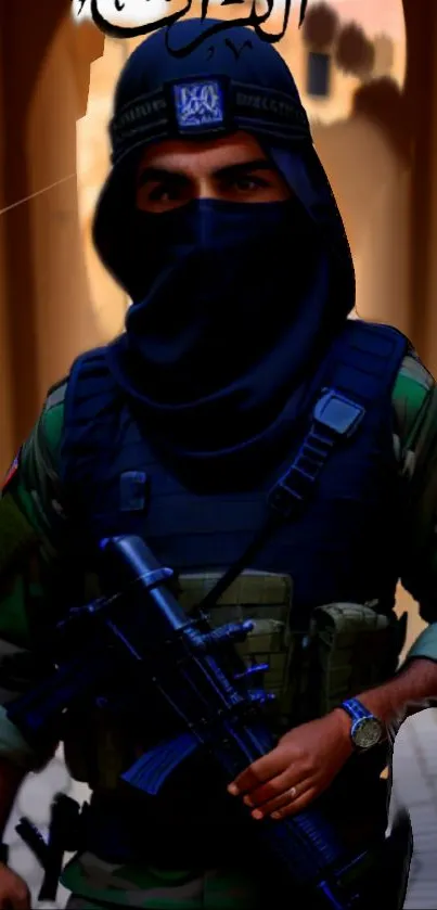 Tactical soldier in dark uniform with military gear in urban setting.