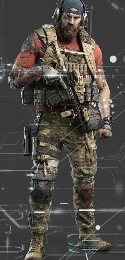 Tactical soldier artwork featuring a warrior in camouflage gear.