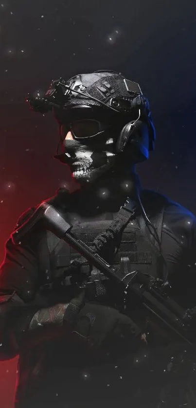 Tactical warrior with helmet in black backdrop.