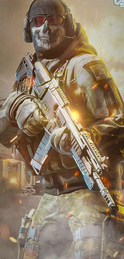 Tactical warrior with rifle and fire effects in mobile wallpaper.