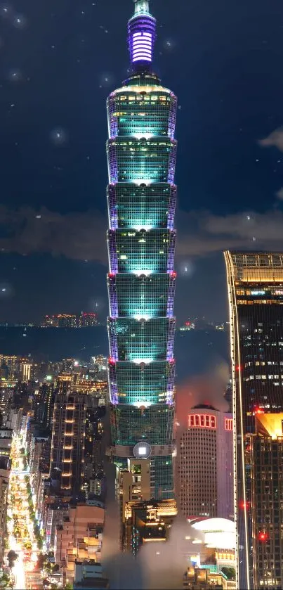 Taipei 101 illuminated against nighttime cityscape.