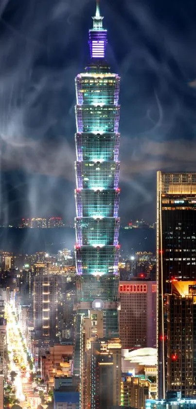 Nighttime view of Taipei 101 illuminating the city skyline.