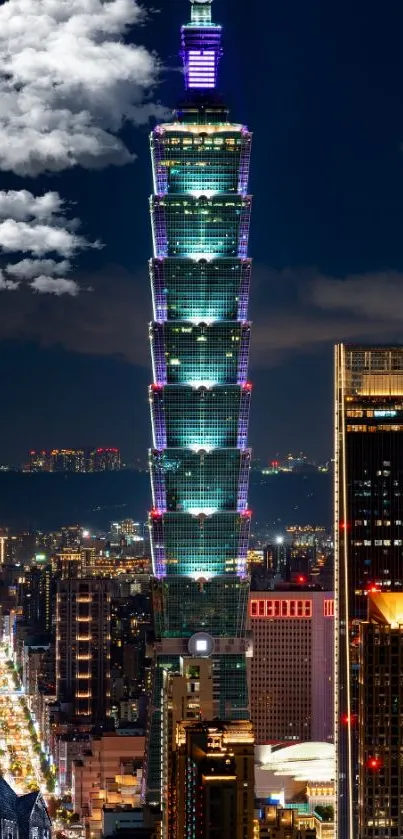 Night view of Taipei 101 with city skyline.