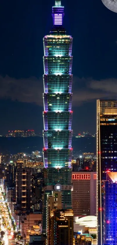 Taipei 101 illuminated against a night sky with city lights.