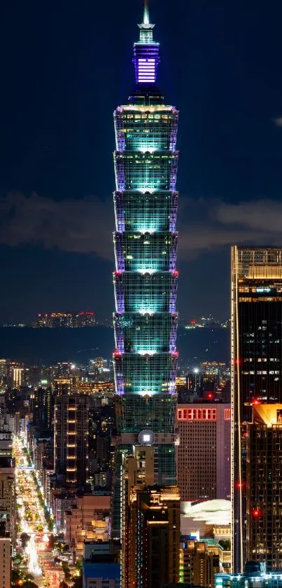 Night view of Taipei 101 with city skyline.