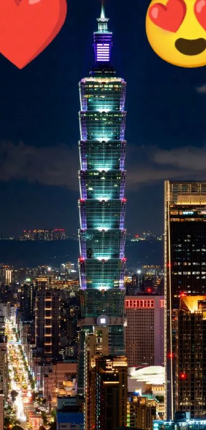 Taipei 101 downtown skyline with heart emojis at night.