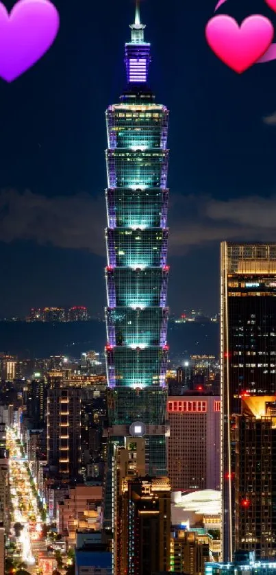 Taipei skyline at night with colorful heart icons.