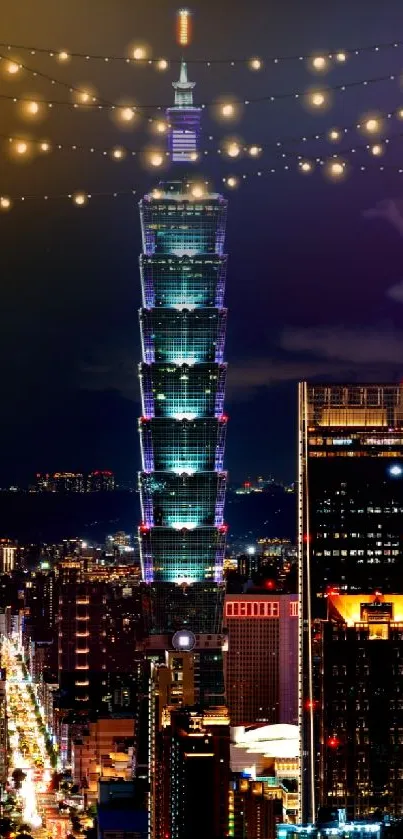 Taipei 101 and city lights glowing at night, with string lights above.