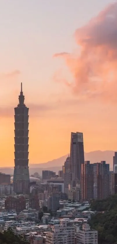 Taipei city skyline with iconic tower at sunset.