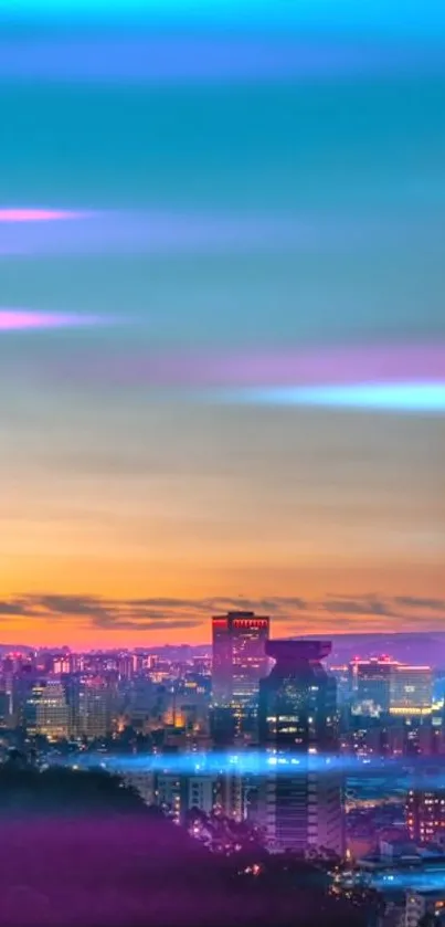 Taipei cityscape at sunset with colorful skyline and vibrant lights.