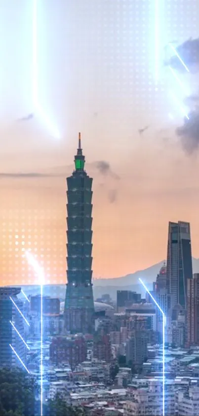 Taipei cityscape with neon lights at sunset, featuring Taipei 101.