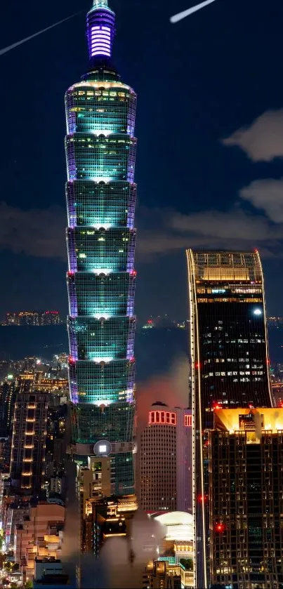 Vibrant Taipei night skyline with iconic skyscrapers and glowing city lights.