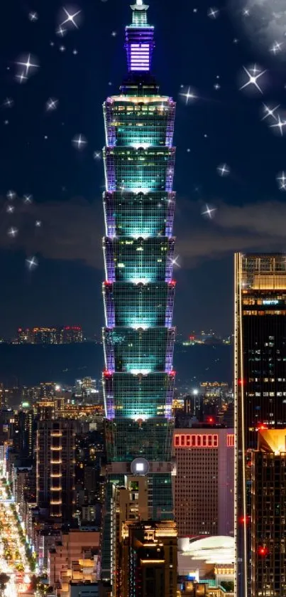 Taipei 101 shines in a vibrant night skyline, surrounded by stars and city lights.