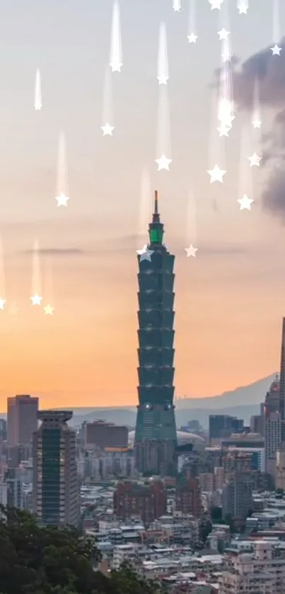 Taipei skyline at dusk with falling stars decorating the sky.