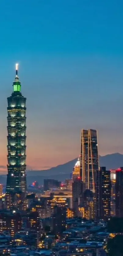 Taipei 101 and city skyline at dusk with vibrant evening sky.