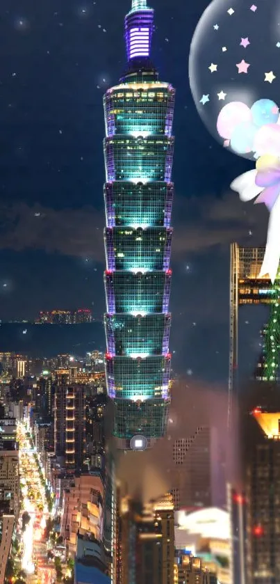 Taipei 101 glowing at night with city lights and balloons.