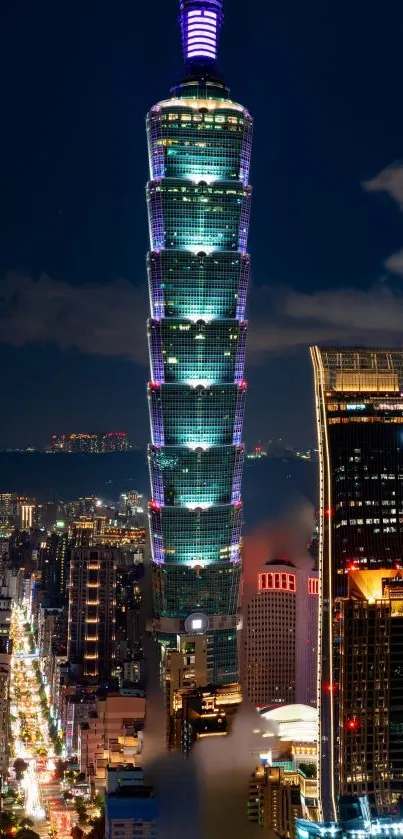 Taipei skyline with illuminated skyscrapers at night.