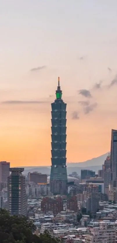 Taipei skyline captured at sunset with vivid hues and modern buildings.