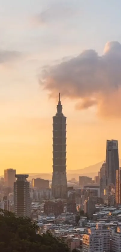 Sunset over Taipei skyline with iconic skyscrapers and warm orange hues.