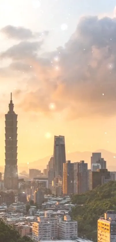 Taipei skyline with Taipei 101 at sunset, featuring city lights and golden sky.