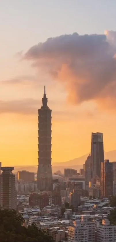 Taipei skyline at sunset with Taipei 101 and orange sky.