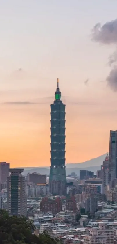 Taipei skyline with Taipei 101 at sunset, featuring vibrant hues.