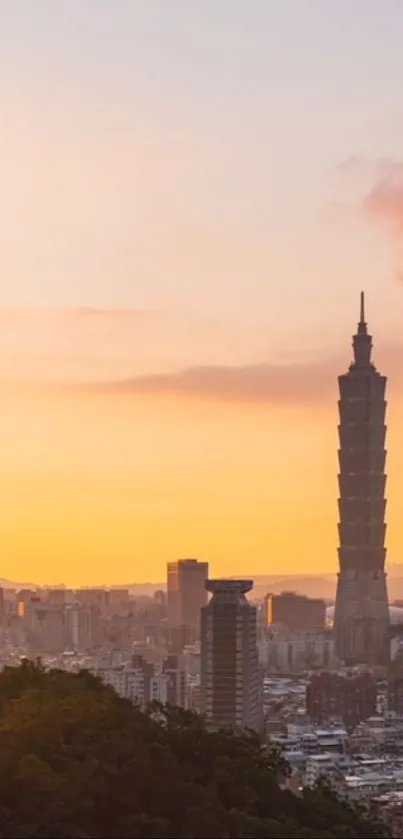 Taipei skyline at sunset with Taipei 101 silhouette and warm orange sky.