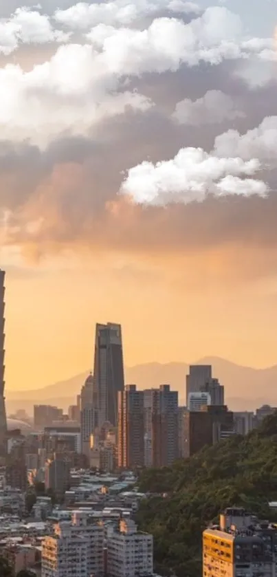 Taipei skyline with Taipei 101 at sunset.