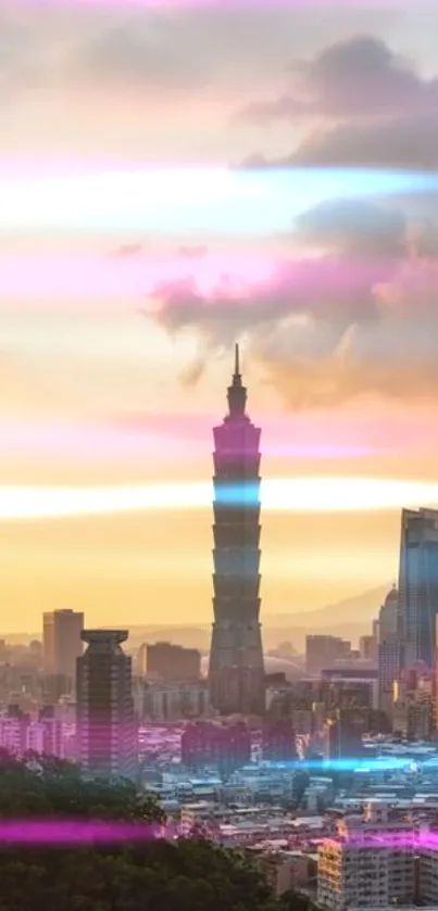 Taipei 101 tower at sunset with vibrant skyline colors.