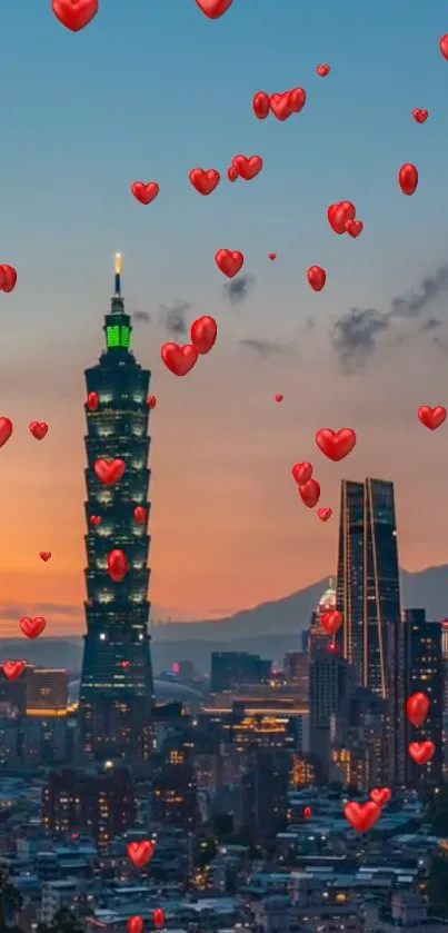 Taipei city skyline with red hearts at sunset.