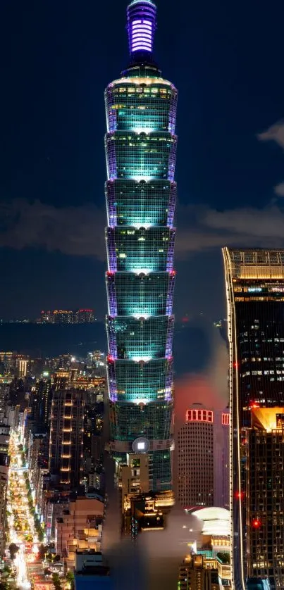 Taipei skyline illuminated at night with dazzling skyscrapers.