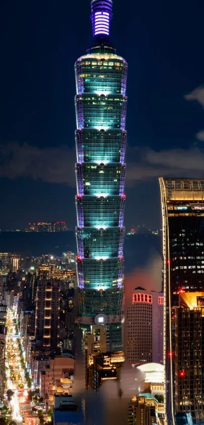 Night view of Taipei skyline with illuminated Taipei 101.