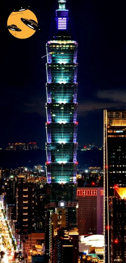 Taipei 101 at night with glowing city skyline.