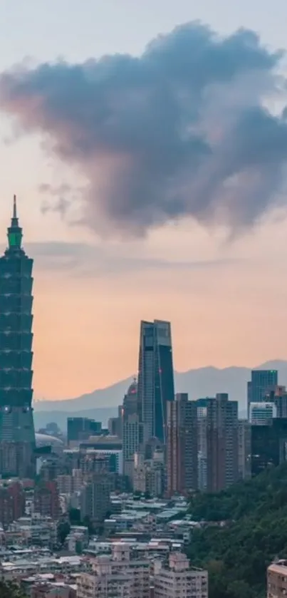 Taipei skyline at sunset with skyscrapers and clouds.