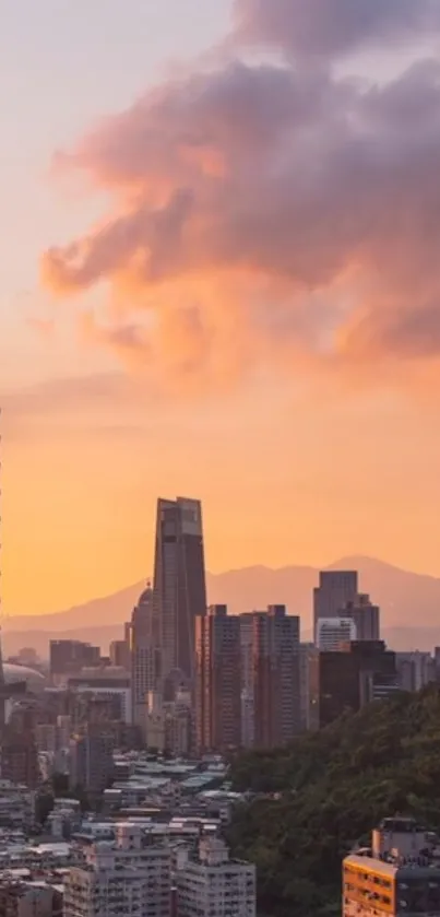 Taipei cityscape with sunset sky and tall buildings.