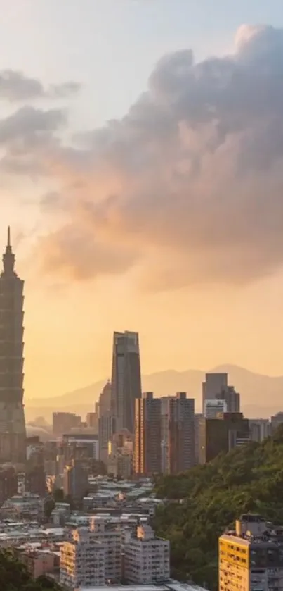 Taipei skyline at sunset with vibrant orange hues and iconic architecture.