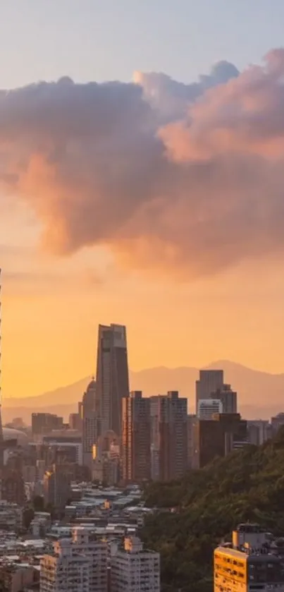 Taipei skyline with sunset clouds over cityscape.