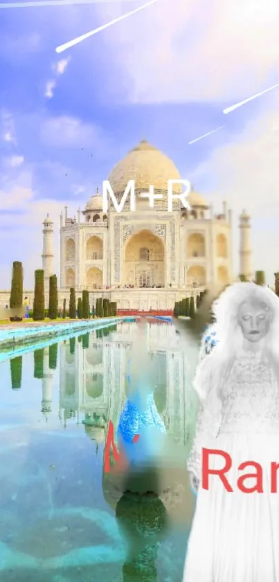 Taj Mahal with surreal art elements and blue sky background.