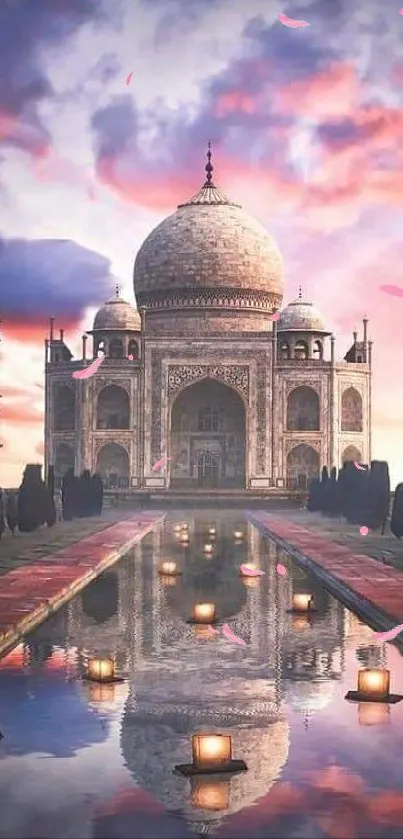 Serene view of Taj Mahal at sunset with reflection in water.