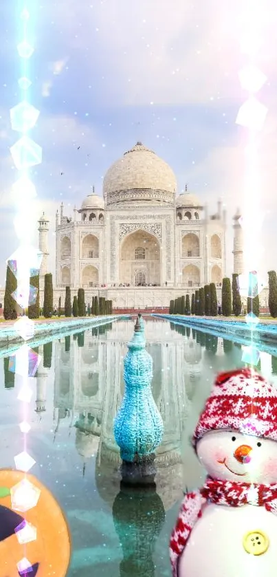 Taj Mahal with festive snowman and pumpkin decorations in dreamy setting.