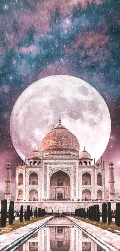 Taj Mahal illuminated by a full moon, reflecting in water at night.