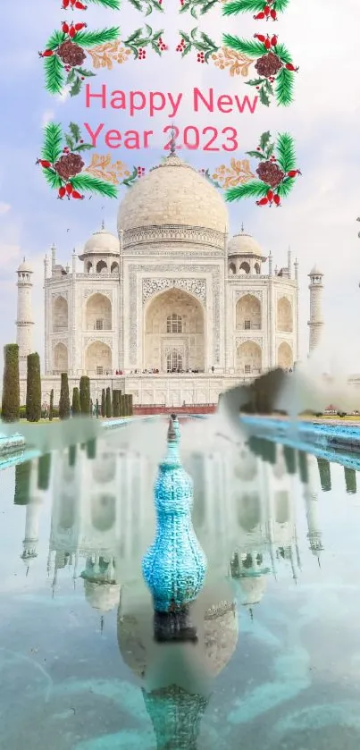 Taj Mahal with New Year 2023 festive design.