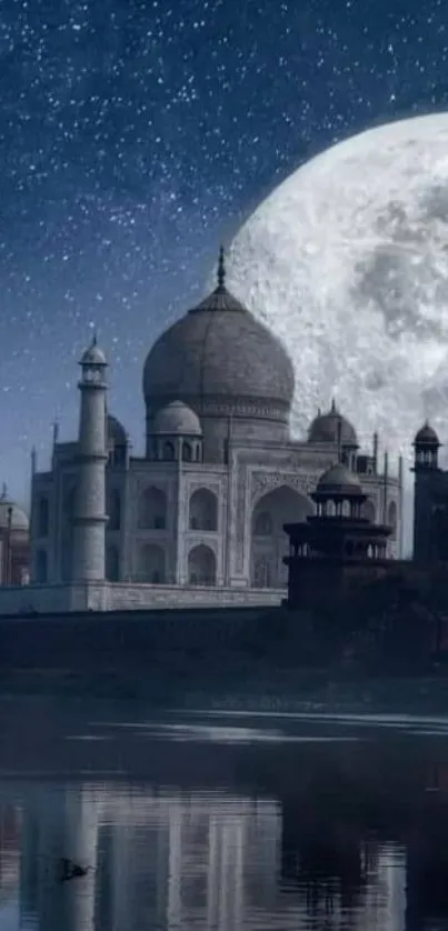 Taj Mahal under a starry night with moonlight reflection.