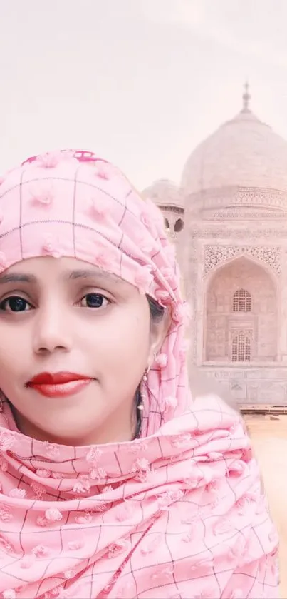 Portrait in front of Taj Mahal with pink scarf.