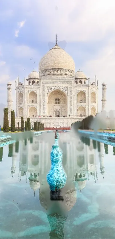 Taj Mahal with its reflection in clear blue water.